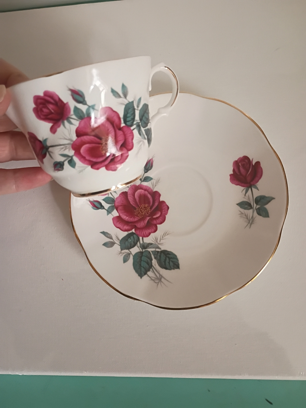 Colclough England Bone China Cup And Saucer Large Cabbage Dark Red Rose